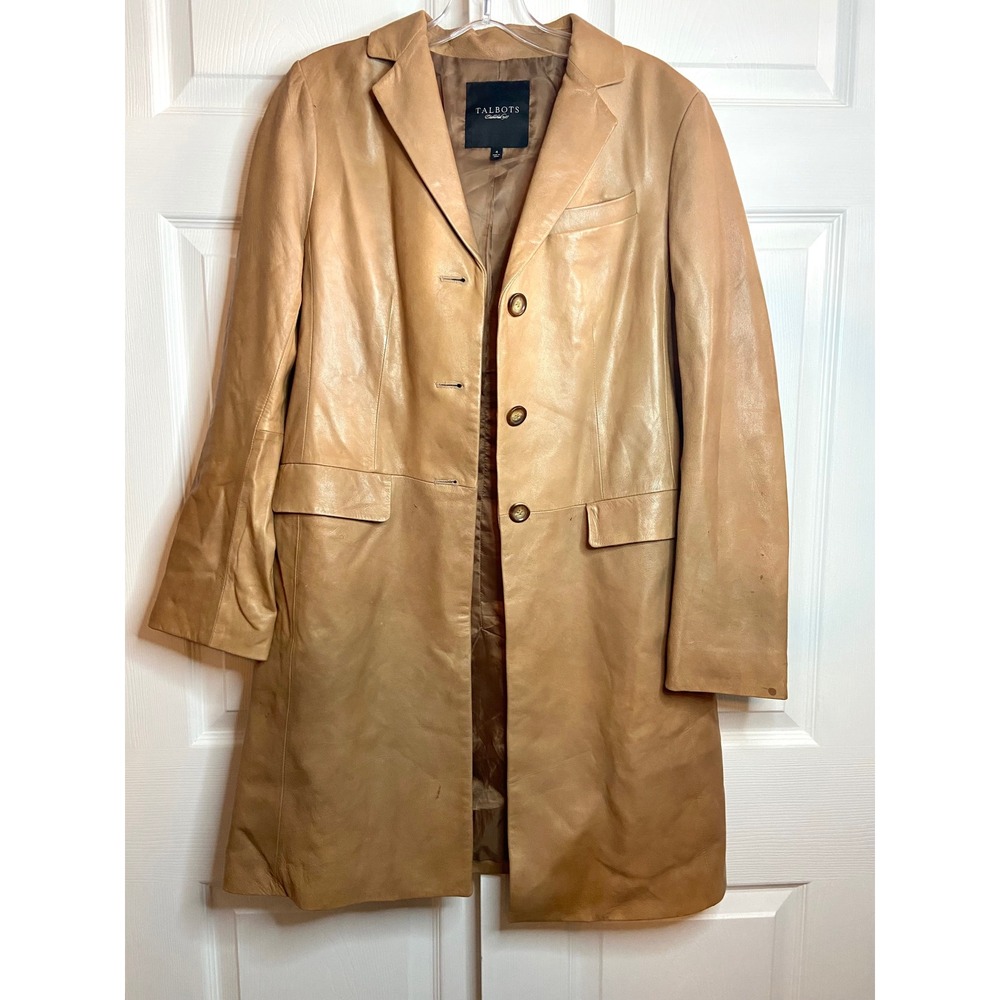 Talbots Womens Tan Leather Long Trench Coat Jacket Size 4 Button Front CN68